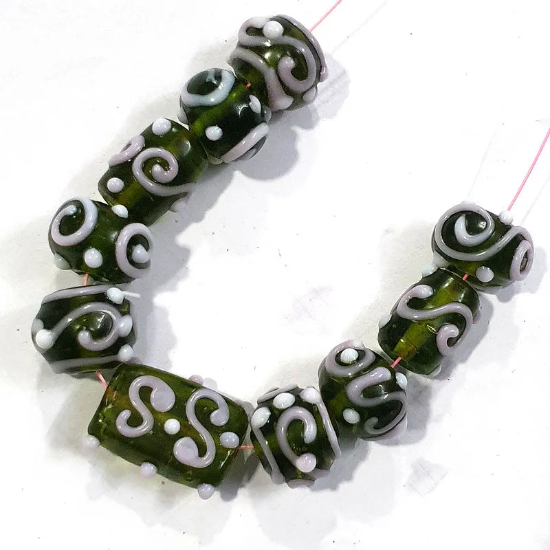 10 Pcs Mix Shape Green Raised Decoration Lampwork Beads