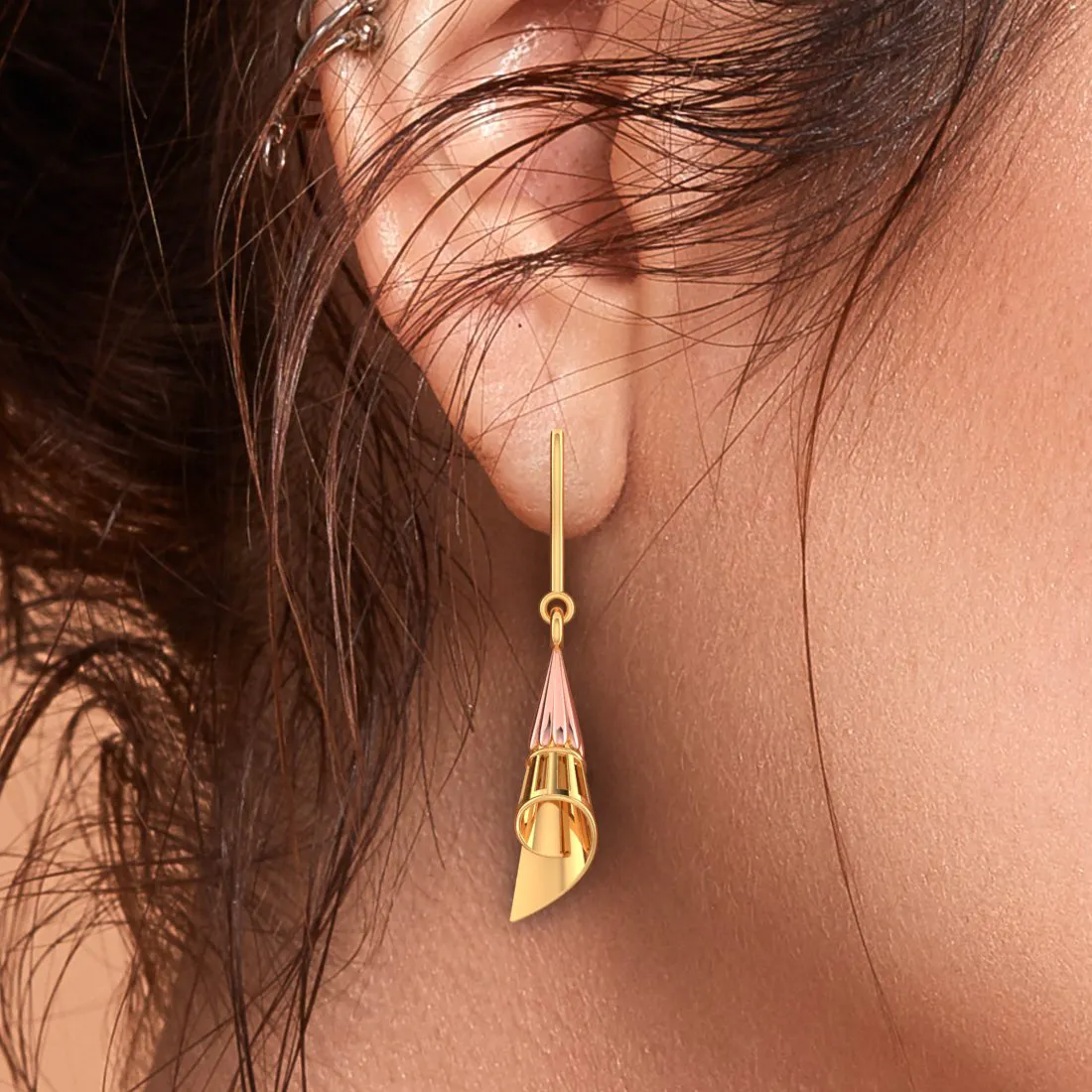 14k Conical Gold Earrings With A Yellow Gold Touch