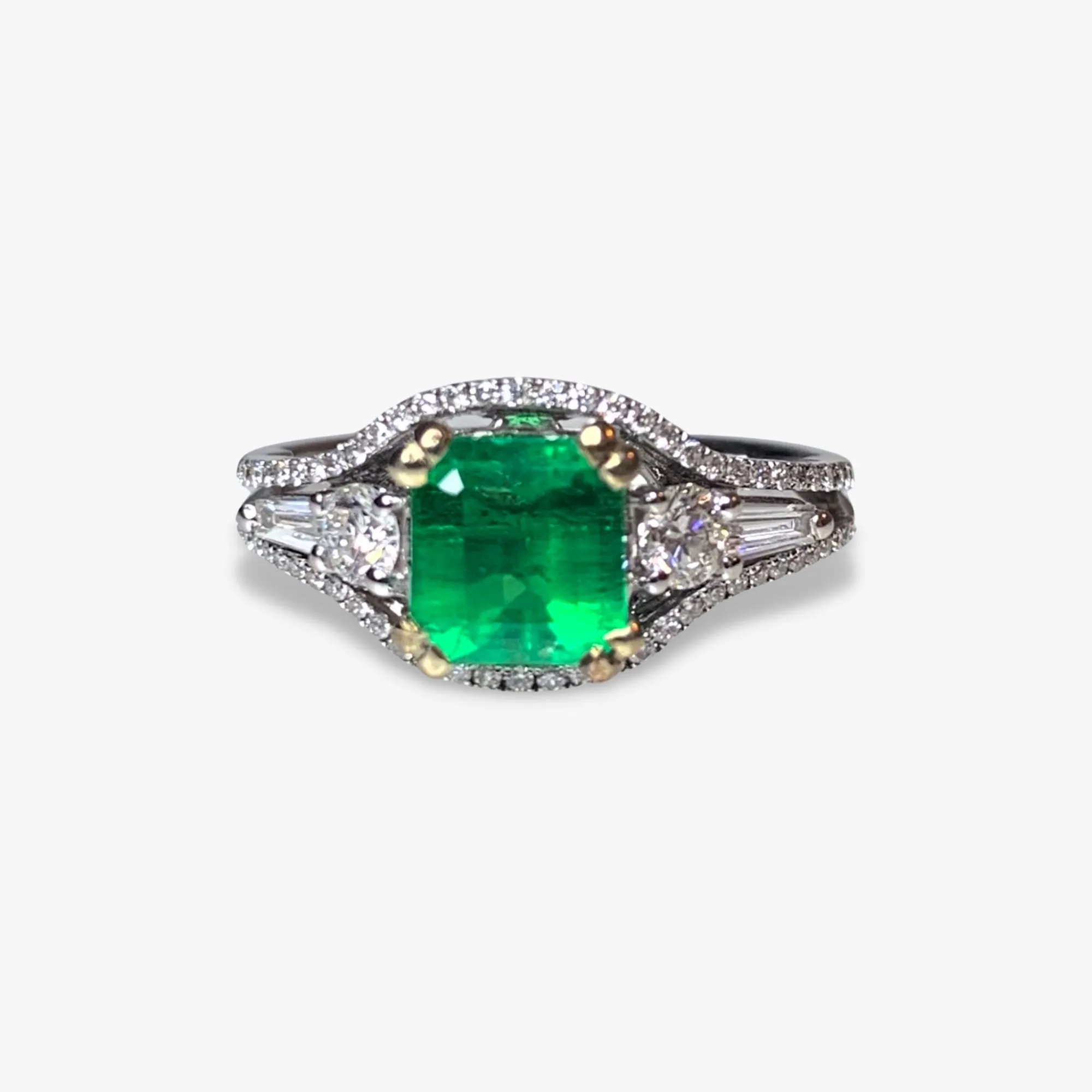 18k White Gold Square Emerald and Diamond Split Shank Ring