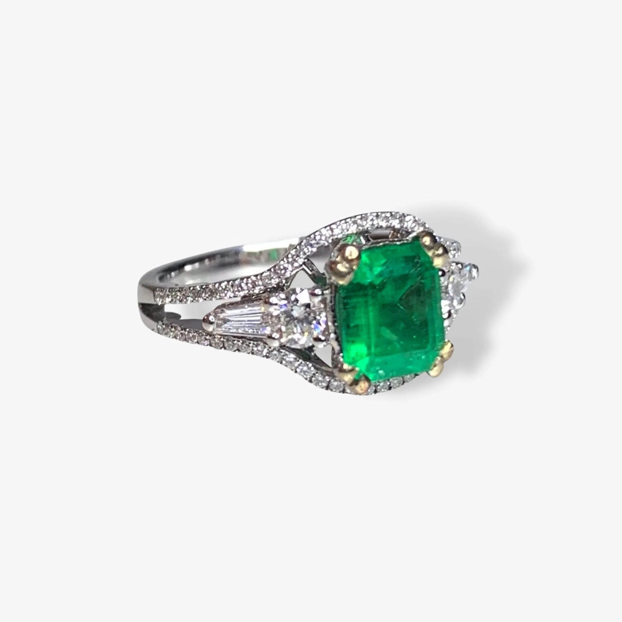 18k White Gold Square Emerald and Diamond Split Shank Ring