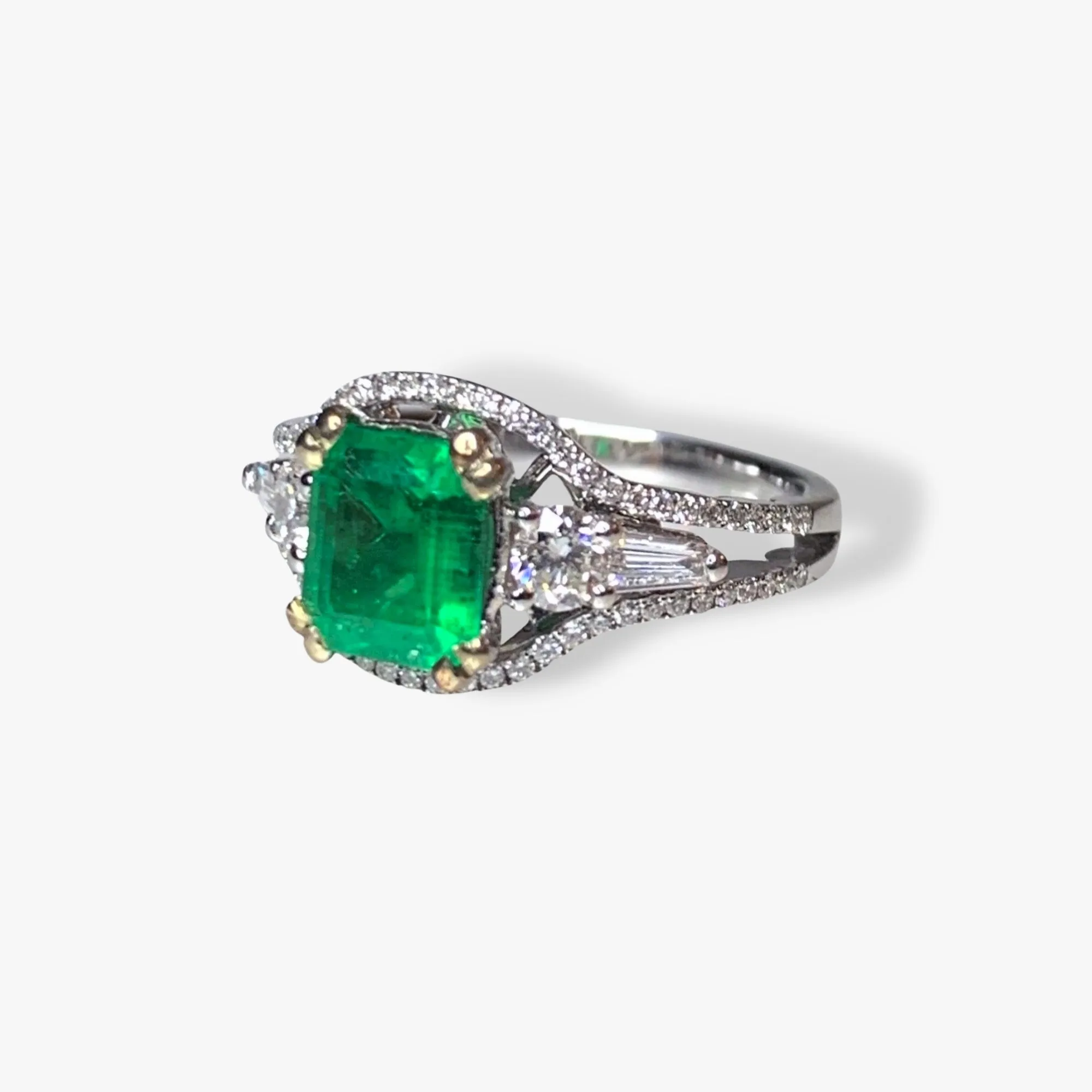 18k White Gold Square Emerald and Diamond Split Shank Ring