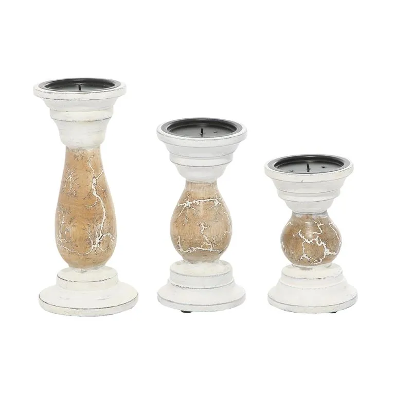 31878 BEIGE WOOD CANDLE HOLDER, SET OF 3