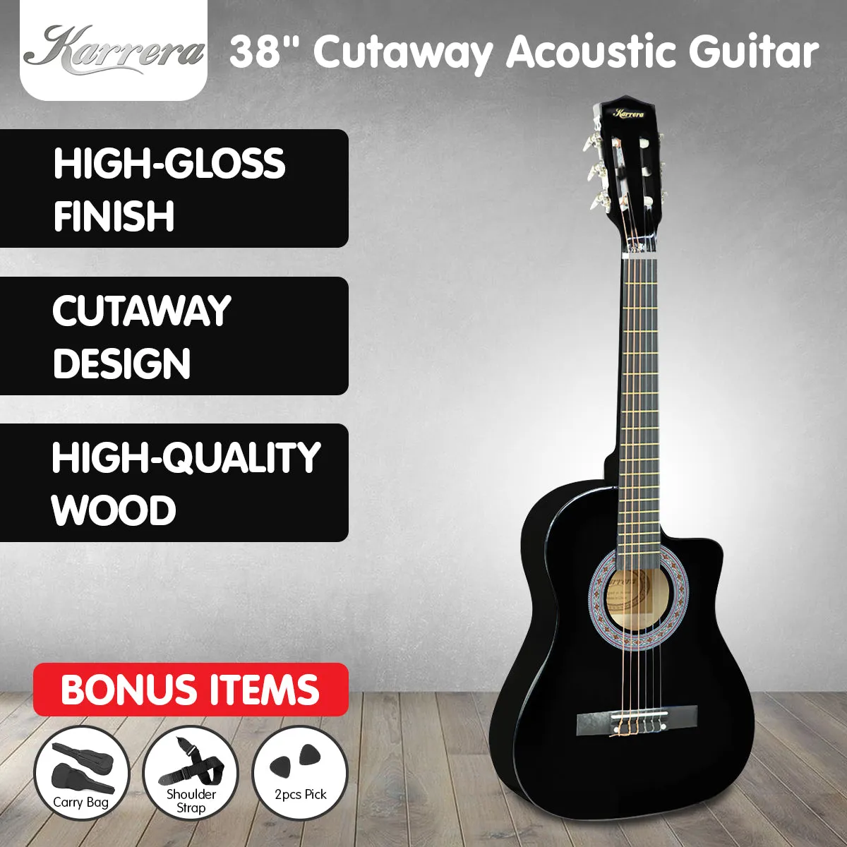 38in Cutaway Acoustic Guitar with guitar bag - Black