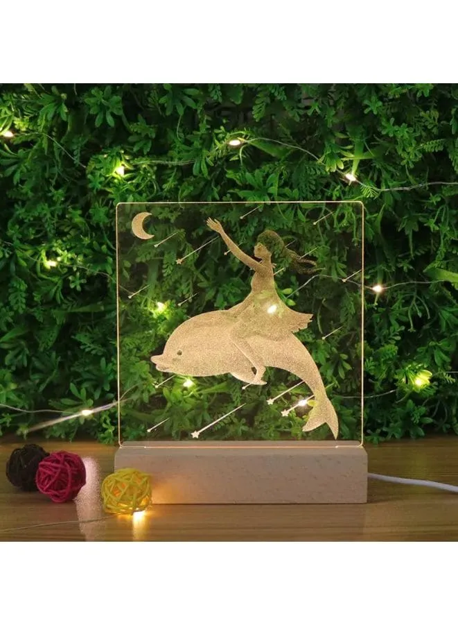 3D Acrylic Night Light Table Lamp with Wooden Base, Best Gift for Birthday, Anniversary, and Home Decor (Girl and Dolphin)