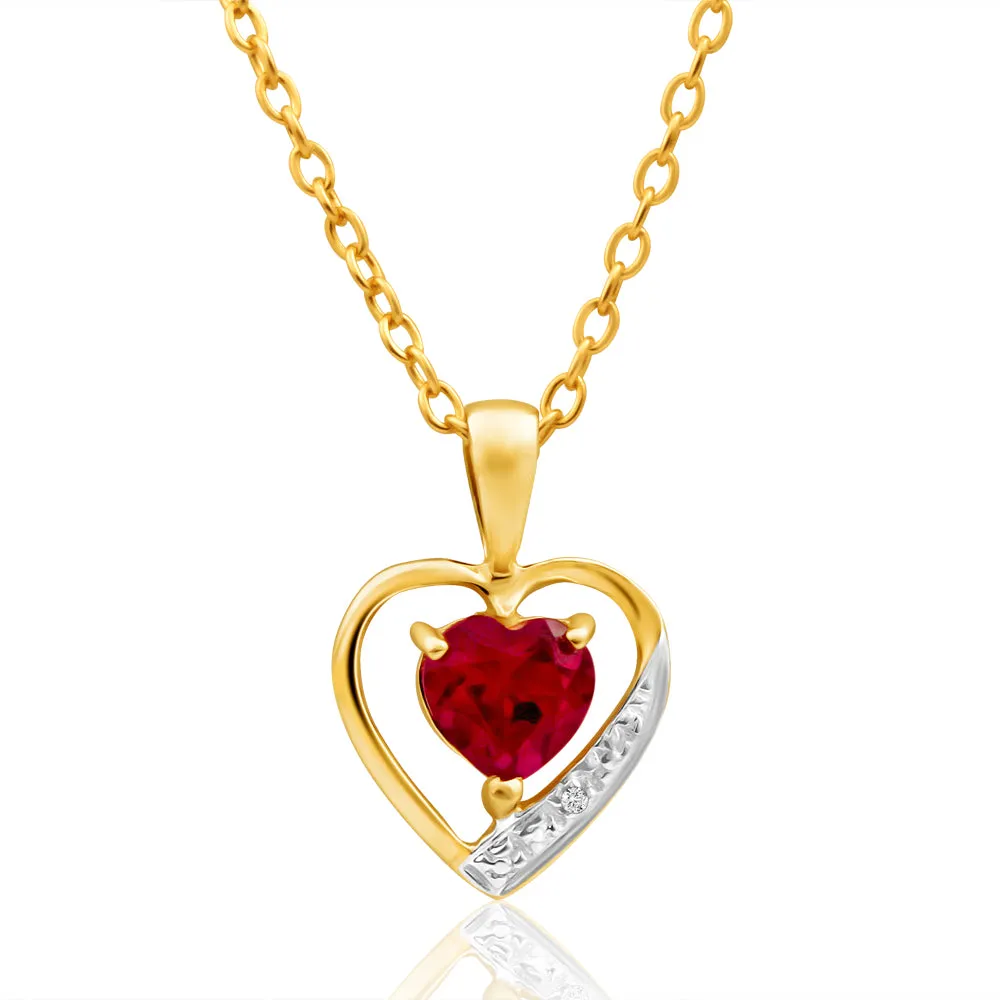 9ct Alluring Yellow Gold Created Ruby   Diamond Pendant