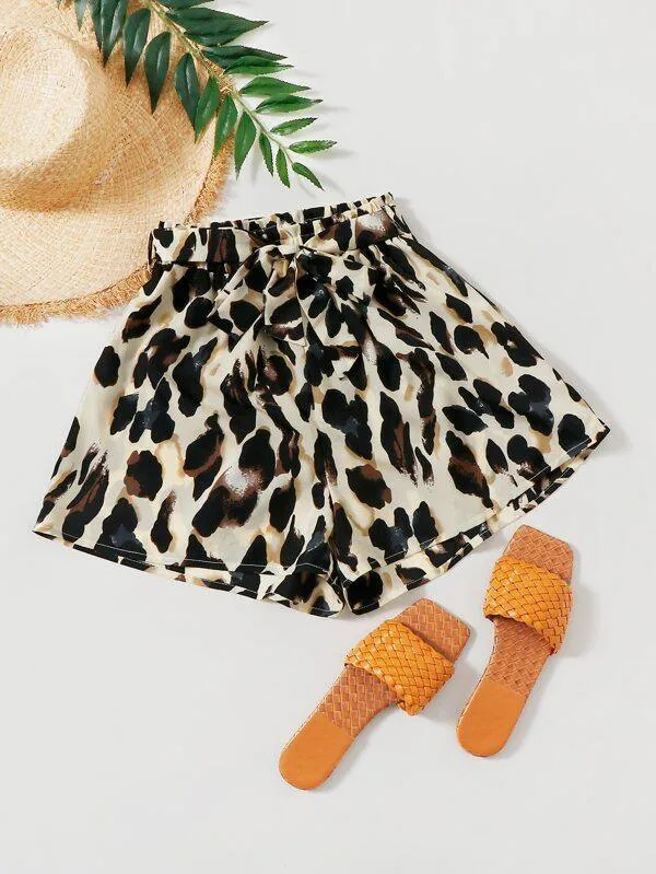 All Over Print Belted Paper Bag Waist Shorts