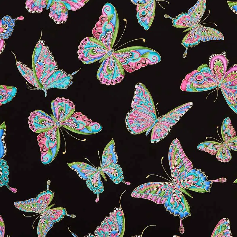 Alluring Butterflies - Butterfly Aflutter Black Metallic Yardage