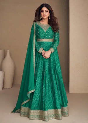 Alluring Chinon Silk Aqua Green Embroidered Engagement Wear Anarkali