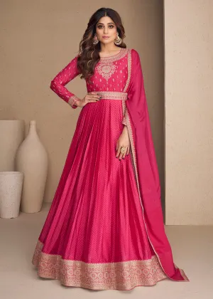 Alluring Chinon Silk Pink Embroidered Engagement Wear Anarkali