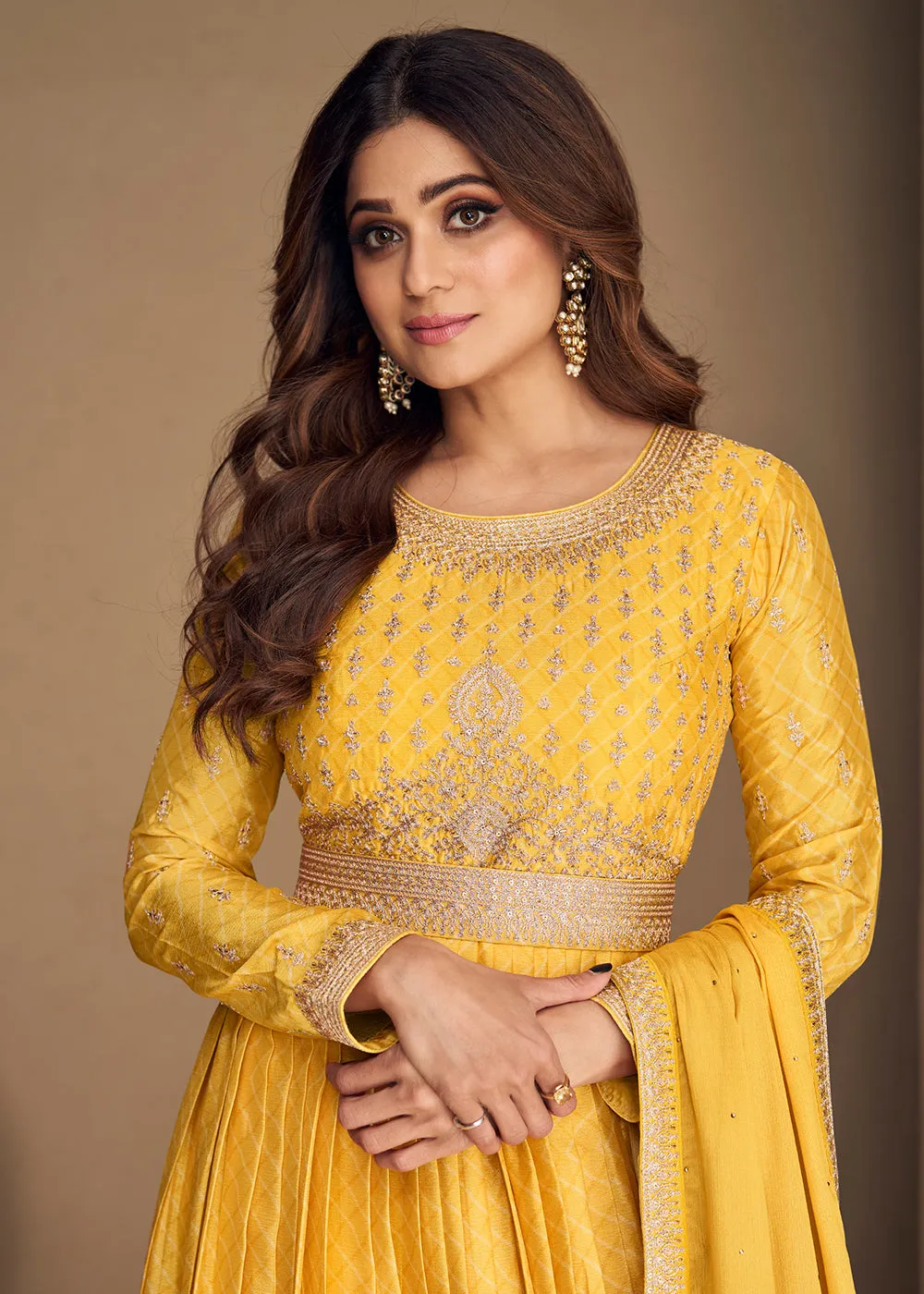 Alluring Chinon Silk Yellow Embroidered Engagement Wear Anarkali