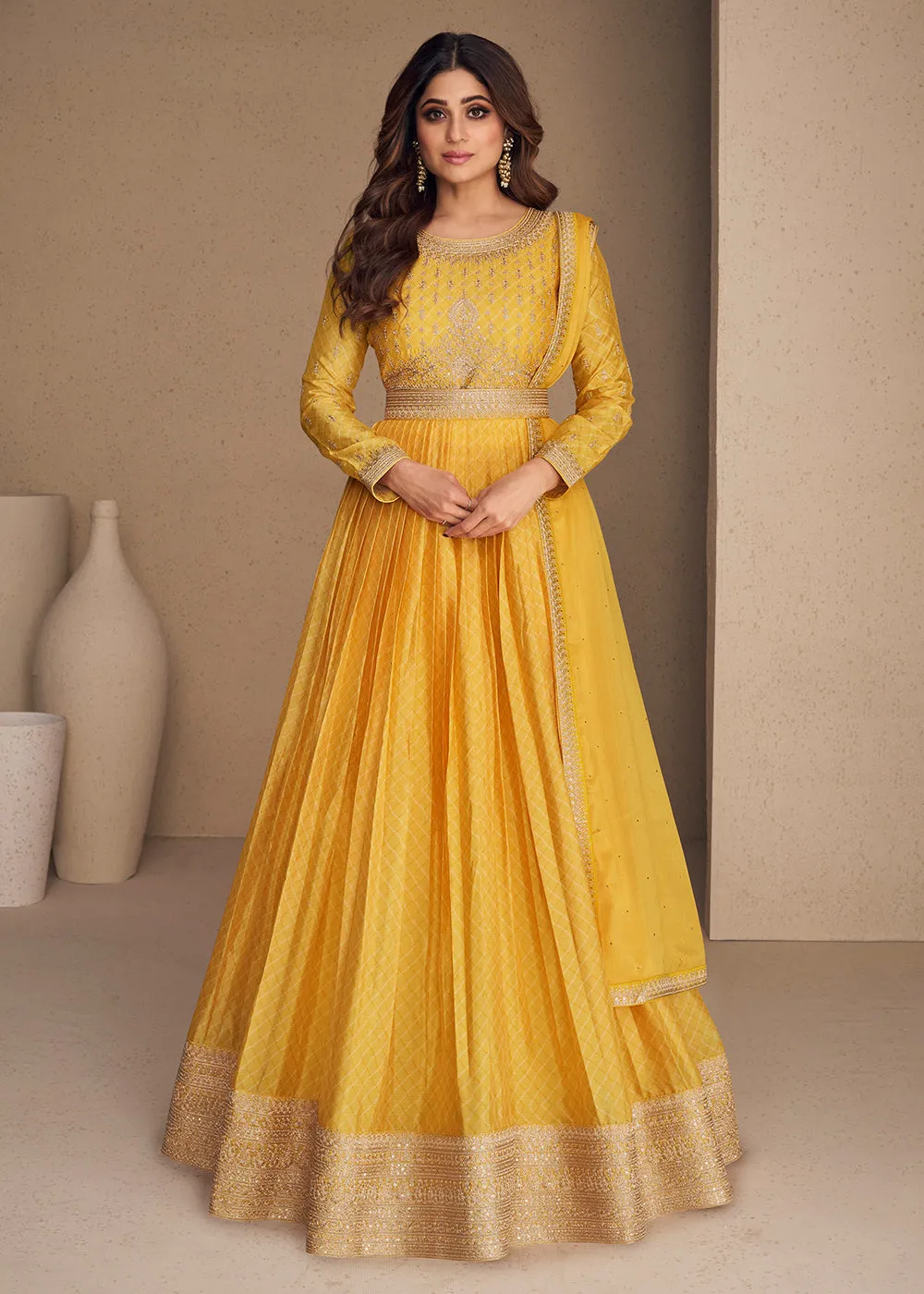 Alluring Chinon Silk Yellow Embroidered Engagement Wear Anarkali