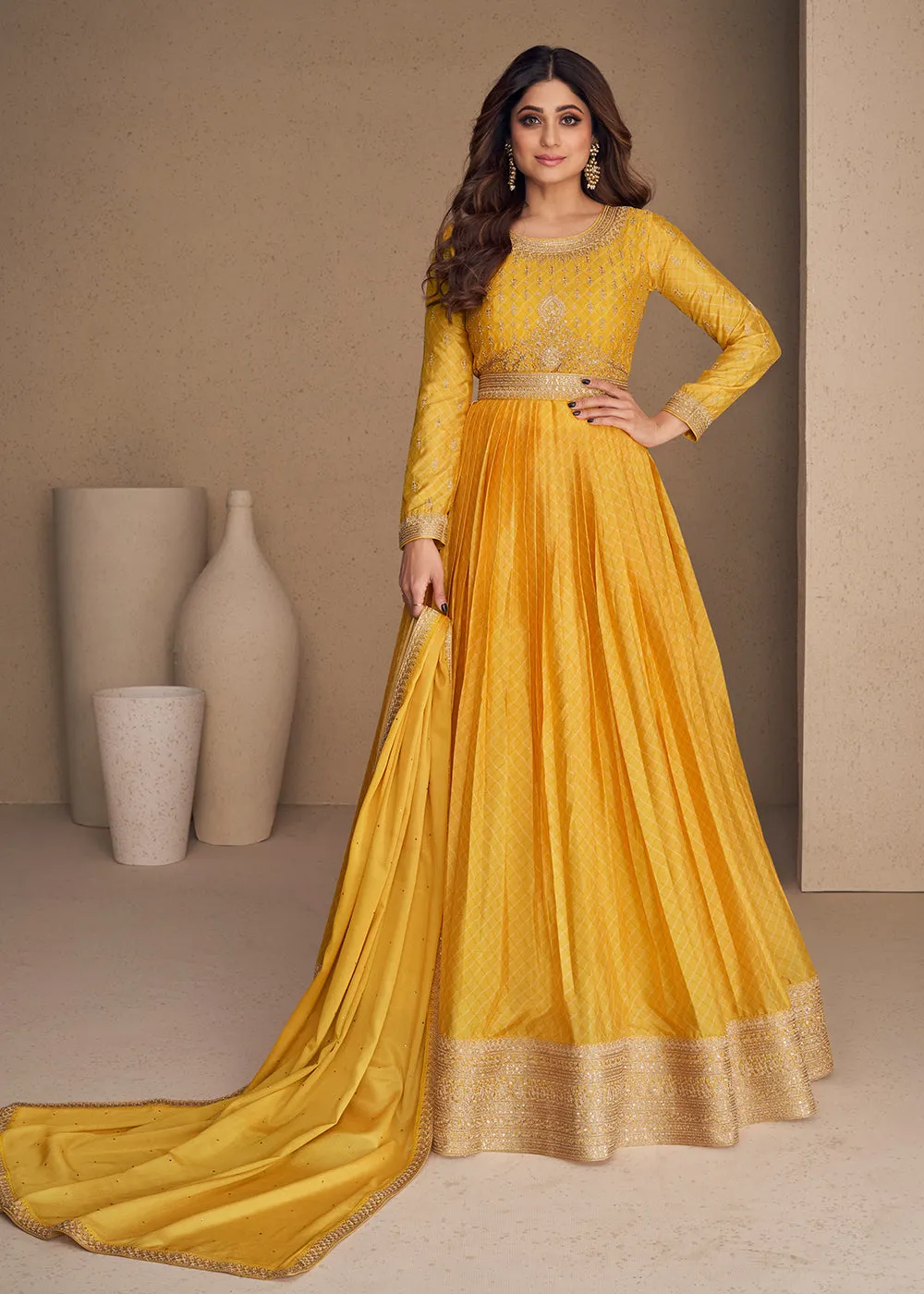 Alluring Chinon Silk Yellow Embroidered Engagement Wear Anarkali