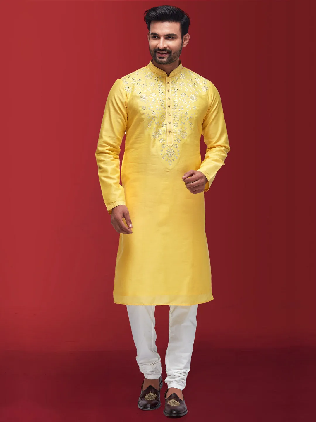 Alluring Cotton Silk Kurta in Bright Yellow with Rich Motifs