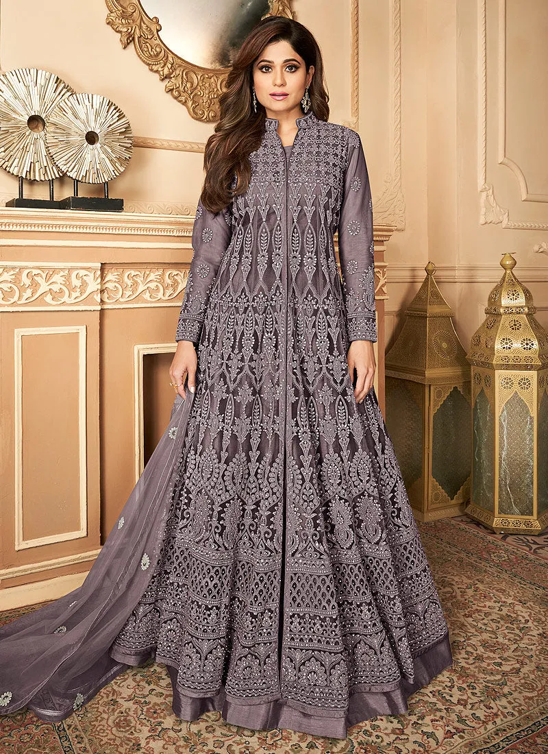 Alluring Dark Grey Shamita Shetty Designer Anarkali