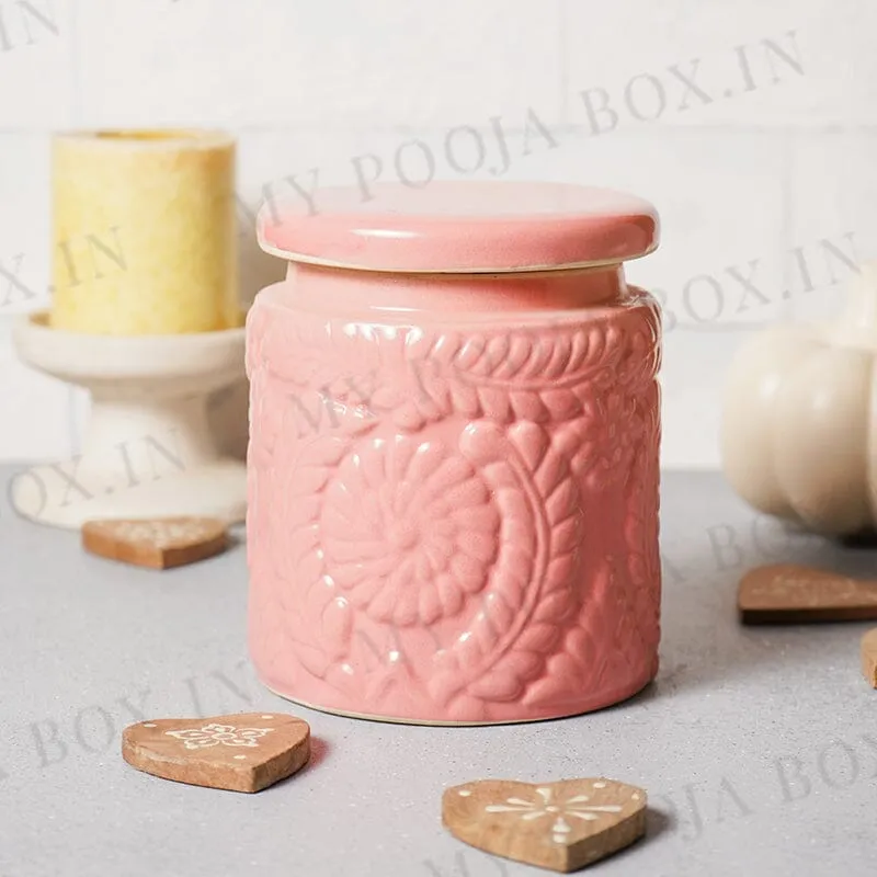 Alluring Kaolinite Ceramic Handcrafted Floral Multipurpose Storage Jar