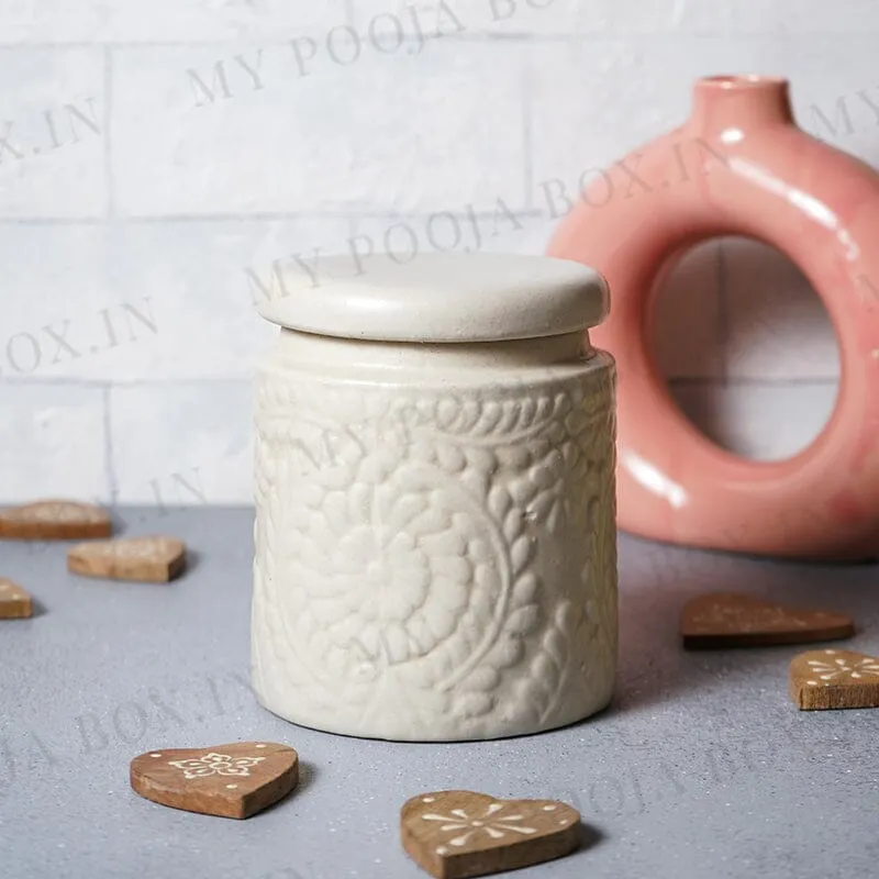 Alluring Kaolinite Ceramic Handcrafted Floral Multipurpose Storage Jar