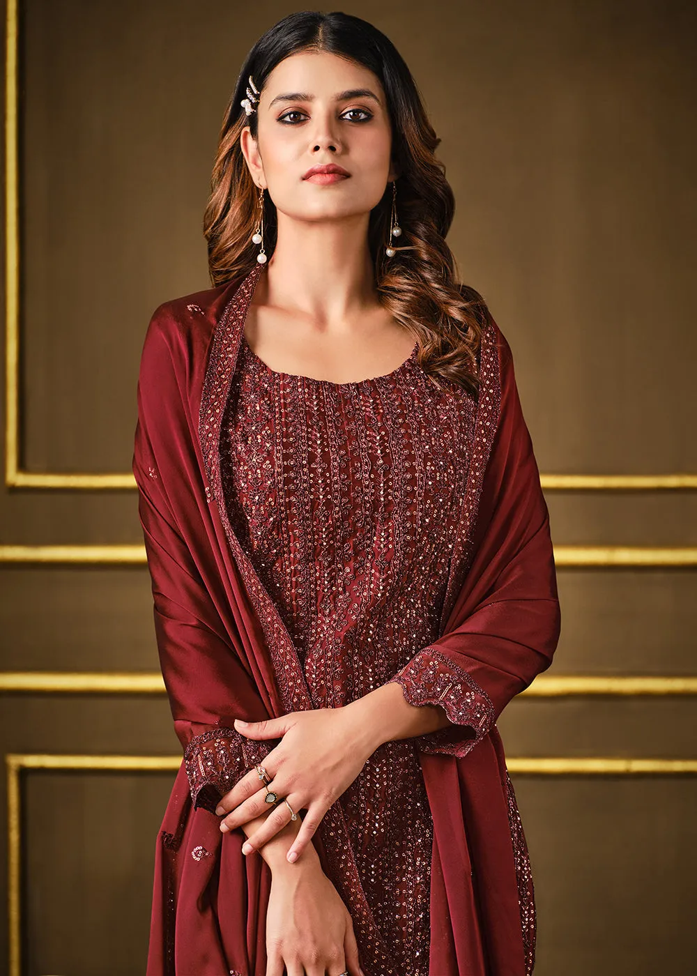 Alluring Maroon Two Tone Georgette Party Wear Salwar Suit