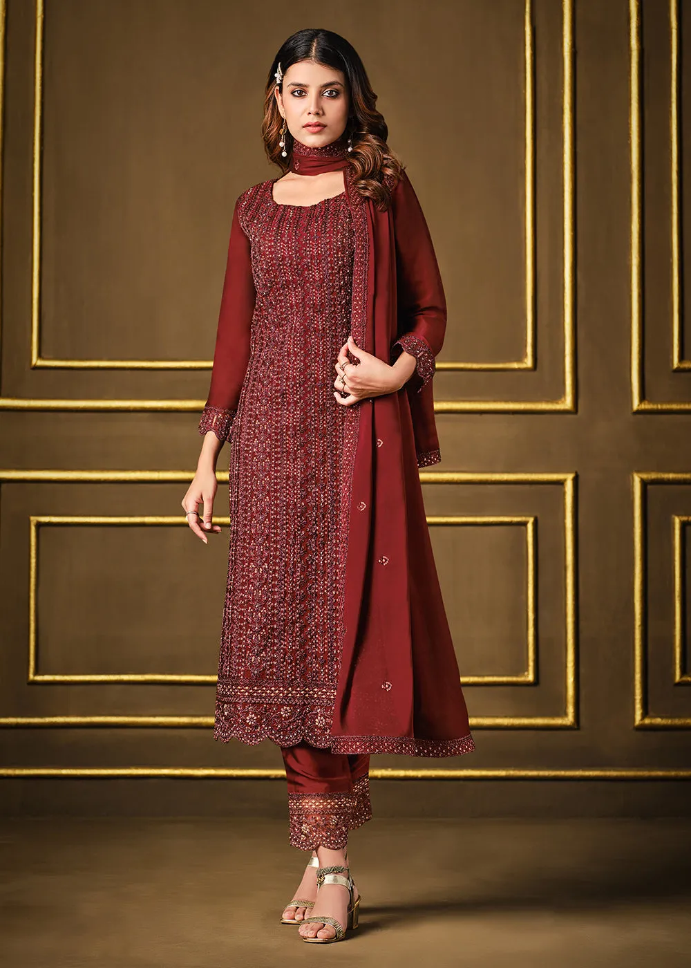 Alluring Maroon Two Tone Georgette Party Wear Salwar Suit