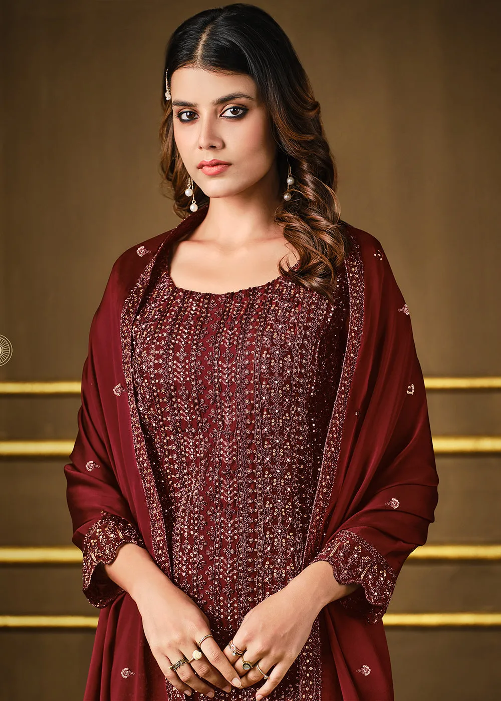 Alluring Maroon Two Tone Georgette Party Wear Salwar Suit