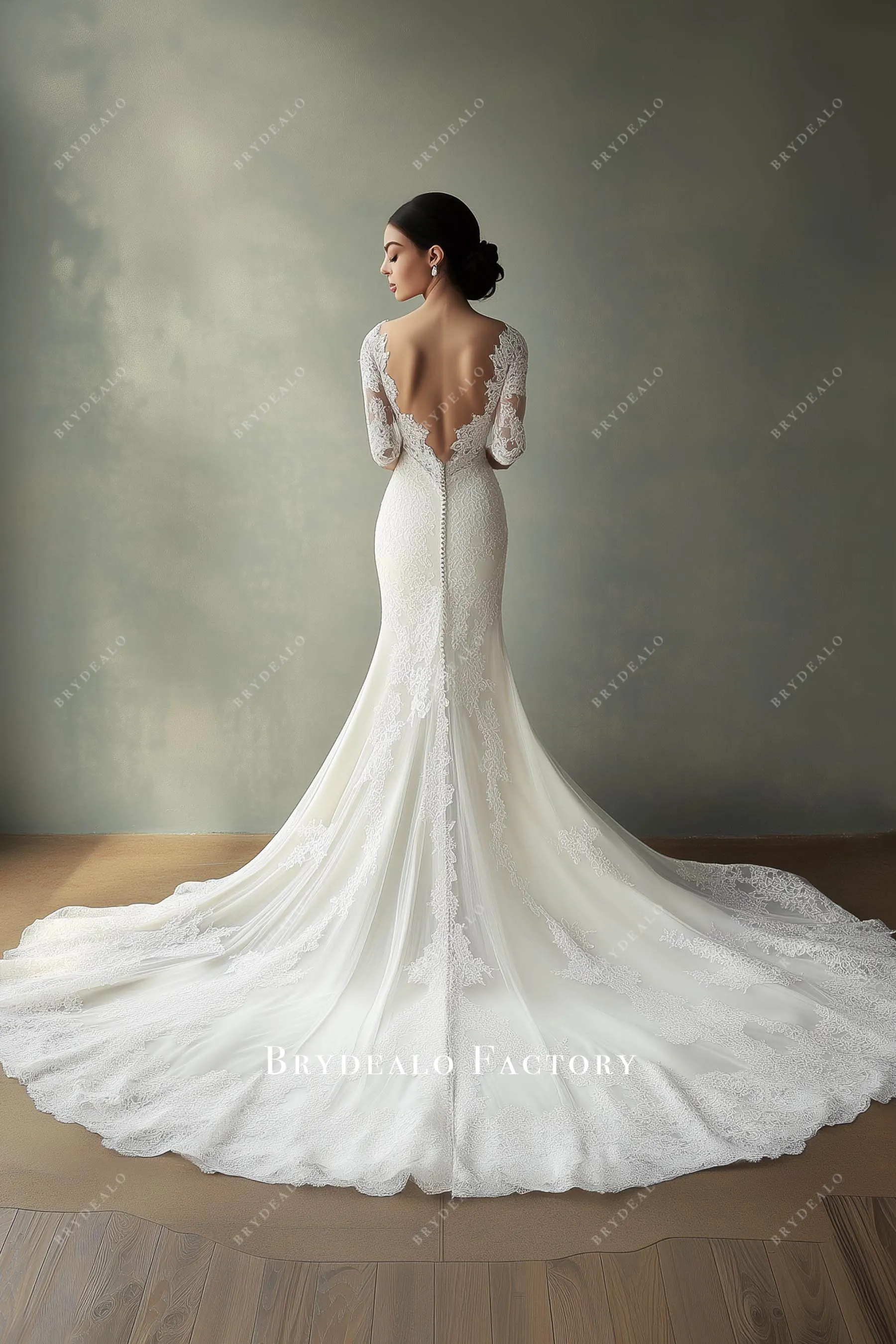 Alluring Open Back Sleeved Lace Mermaid Wedding Gown