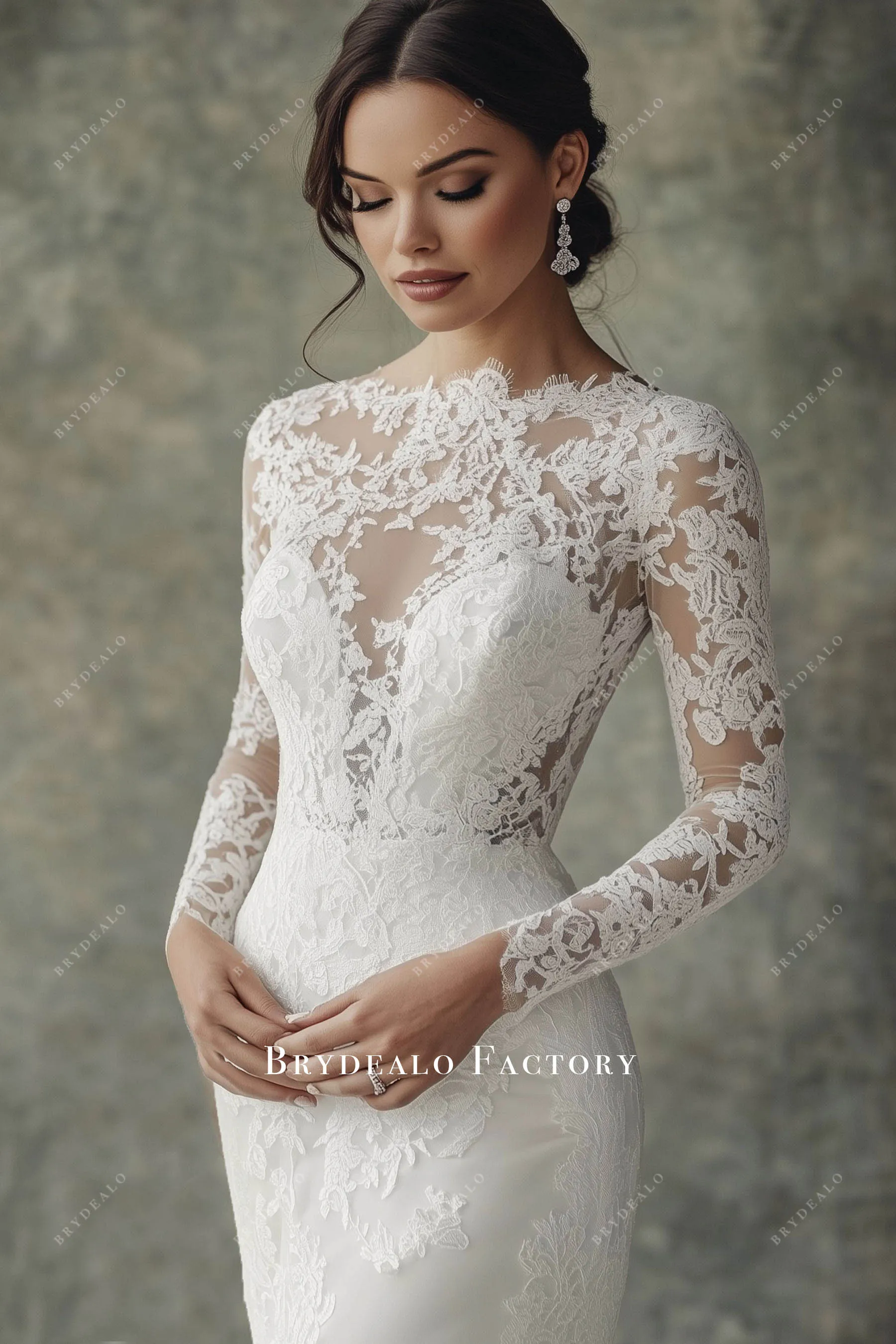 Alluring Open Back Sleeved Lace Mermaid Wedding Gown