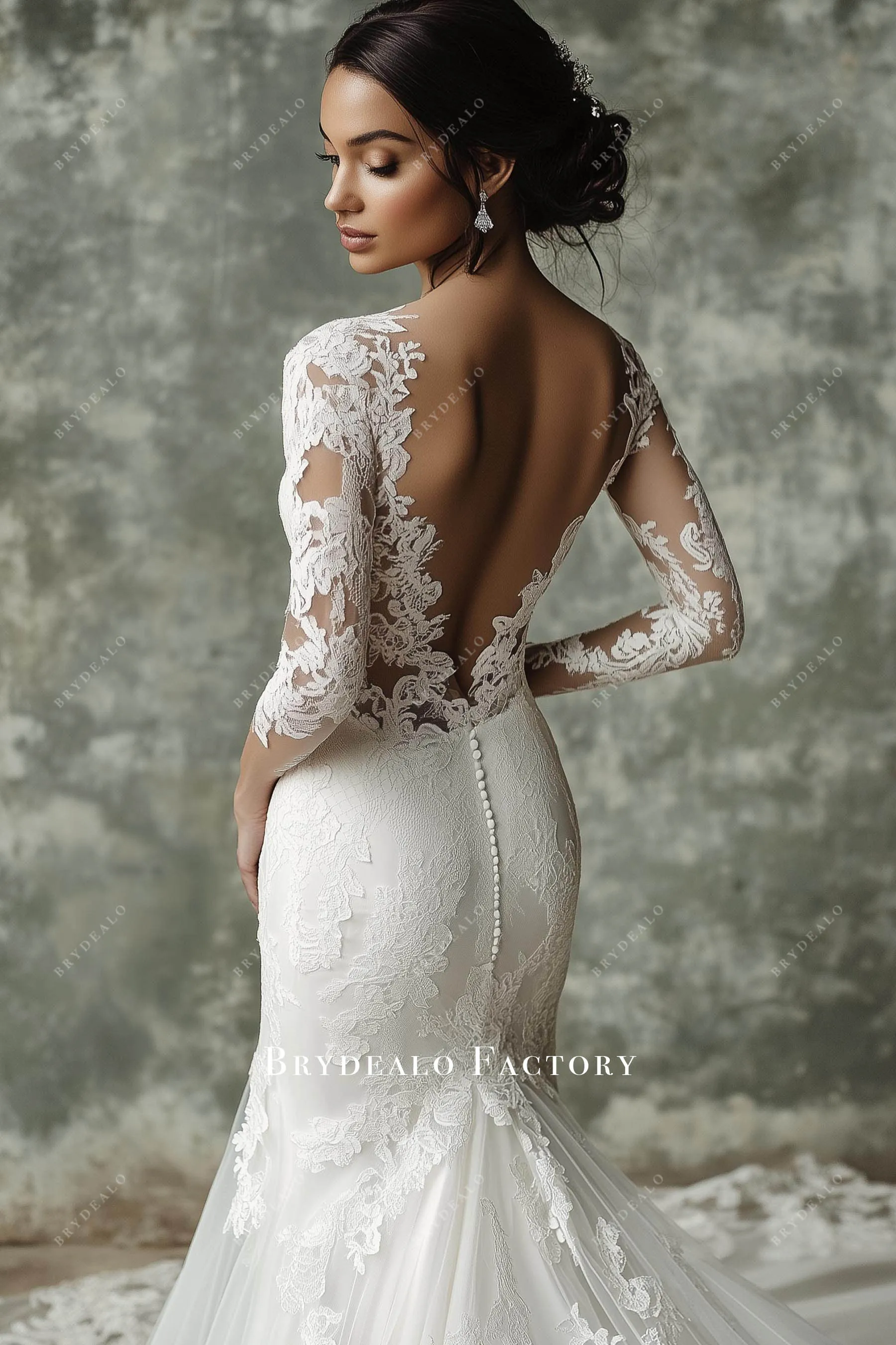 Alluring Open Back Sleeved Lace Mermaid Wedding Gown