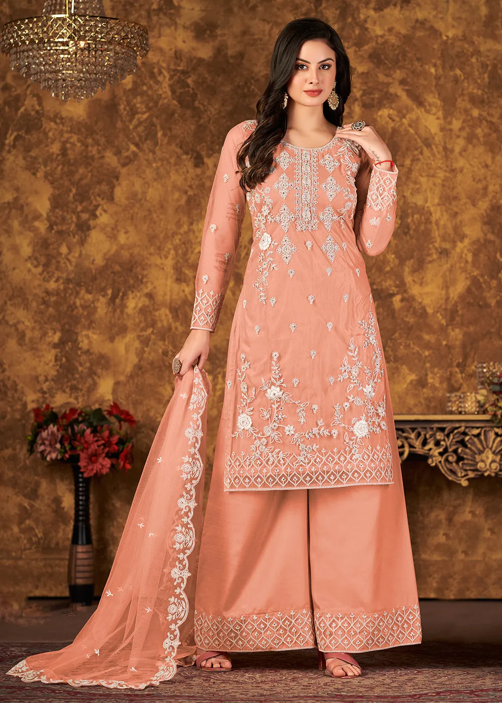 Alluring Peach Cording Embroidered Net Palazzo Suit