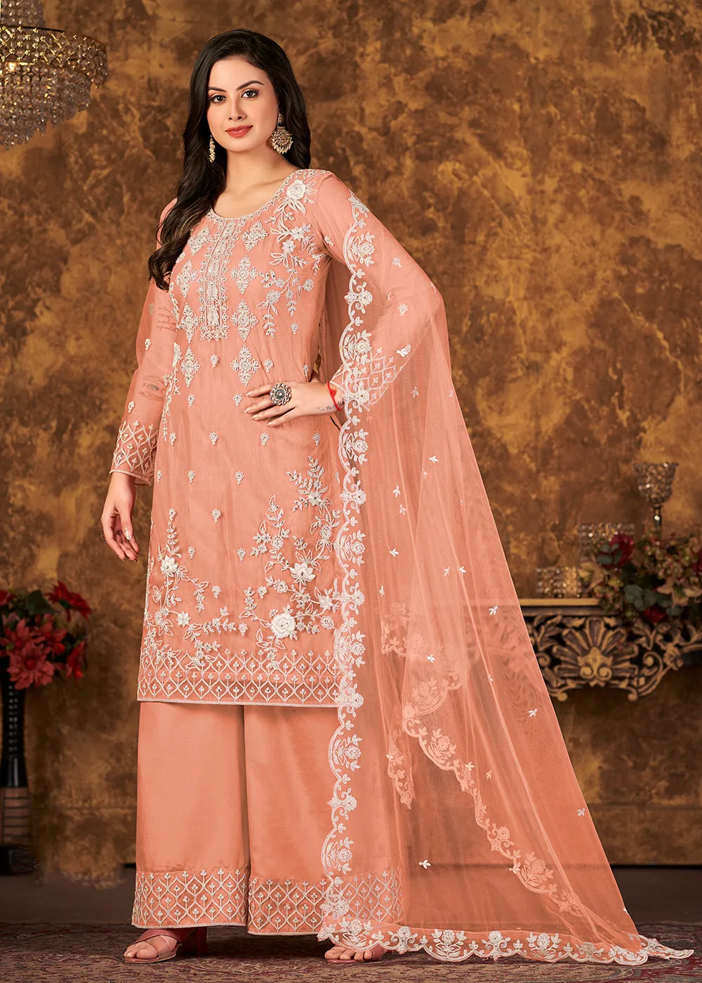 Alluring Peach Cording Embroidered Net Palazzo Suit