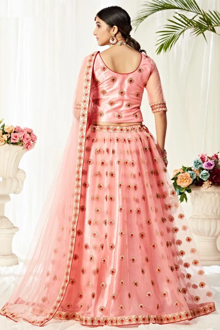 Alluring Peach Thread Embroidered A-Line Lehenga Choli