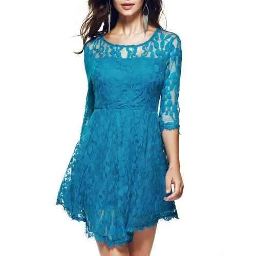 Alluring See-Through Women's Lace Dress - Blue S