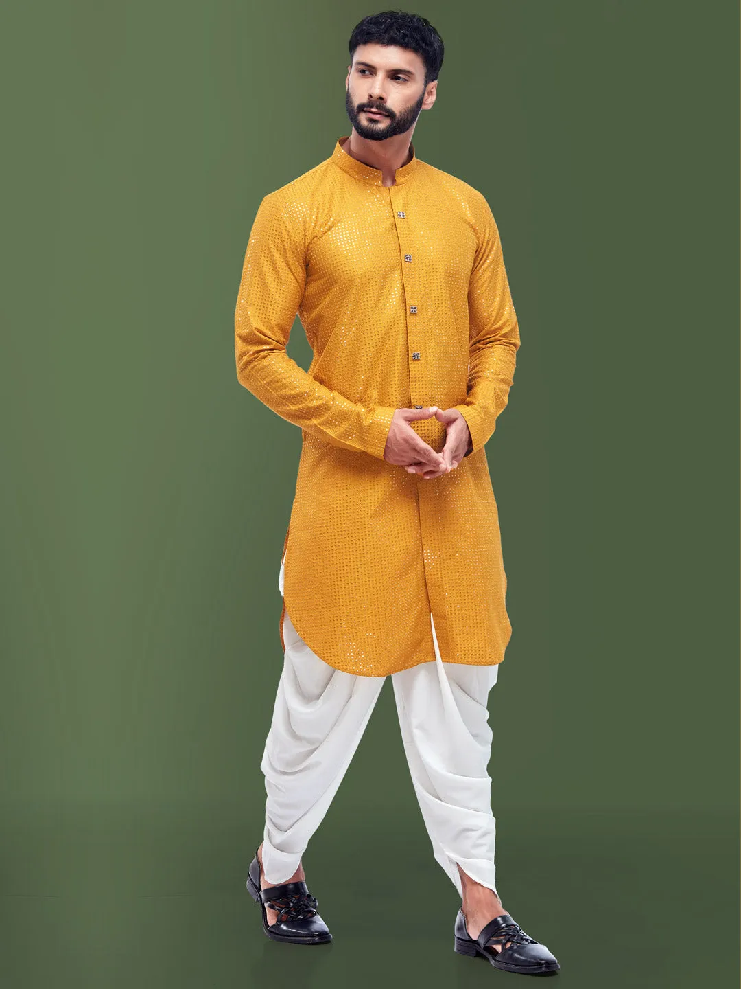 Alluring Yellow Ethnic Motif Heavy Work Cotton Silk Kurta