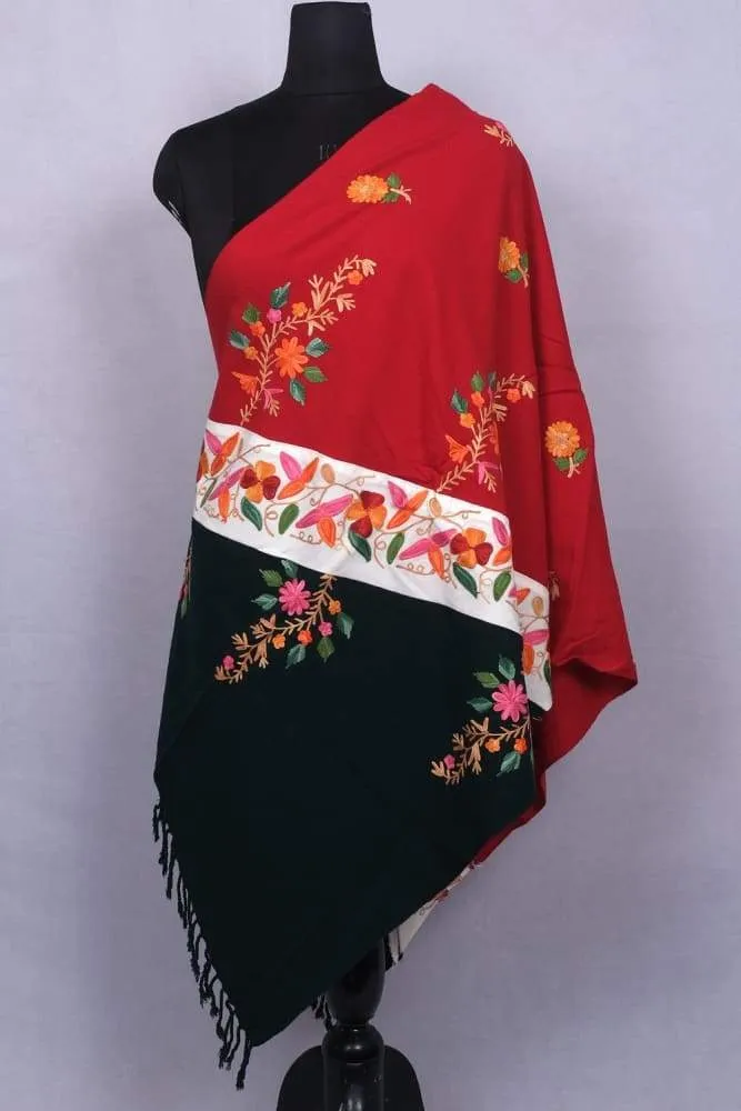 Amazing Red And Green New Look With High Quality Pashmina Aari Work Stole