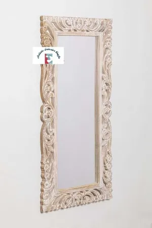 Artistic Interior Crafts Wooden Carved Wall Mirror Frame Solid Wood, Distress Finish | with Out Mirror | (Size 5 * 2.5 Ft) (White Distress, Rectangular, Framed) (White)