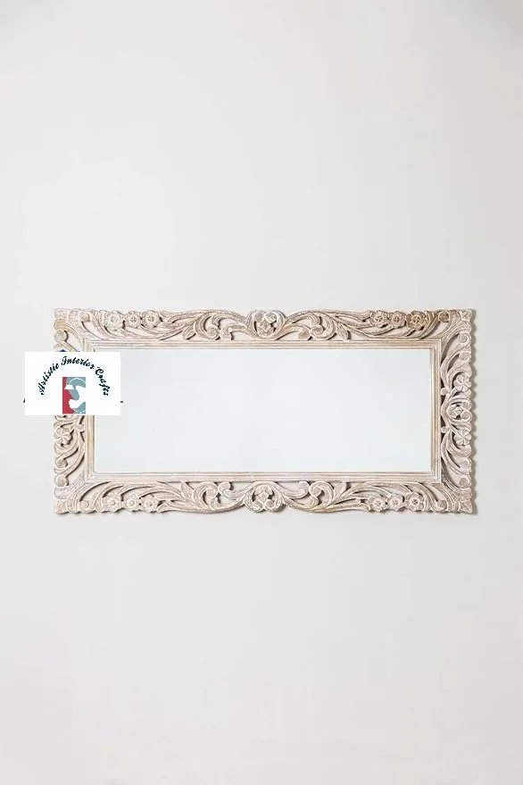 Artistic Interior Crafts Wooden Carved Wall Mirror Frame Solid Wood, Distress Finish | with Out Mirror | (Size 5 * 2.5 Ft) (White Distress, Rectangular, Framed) (White)