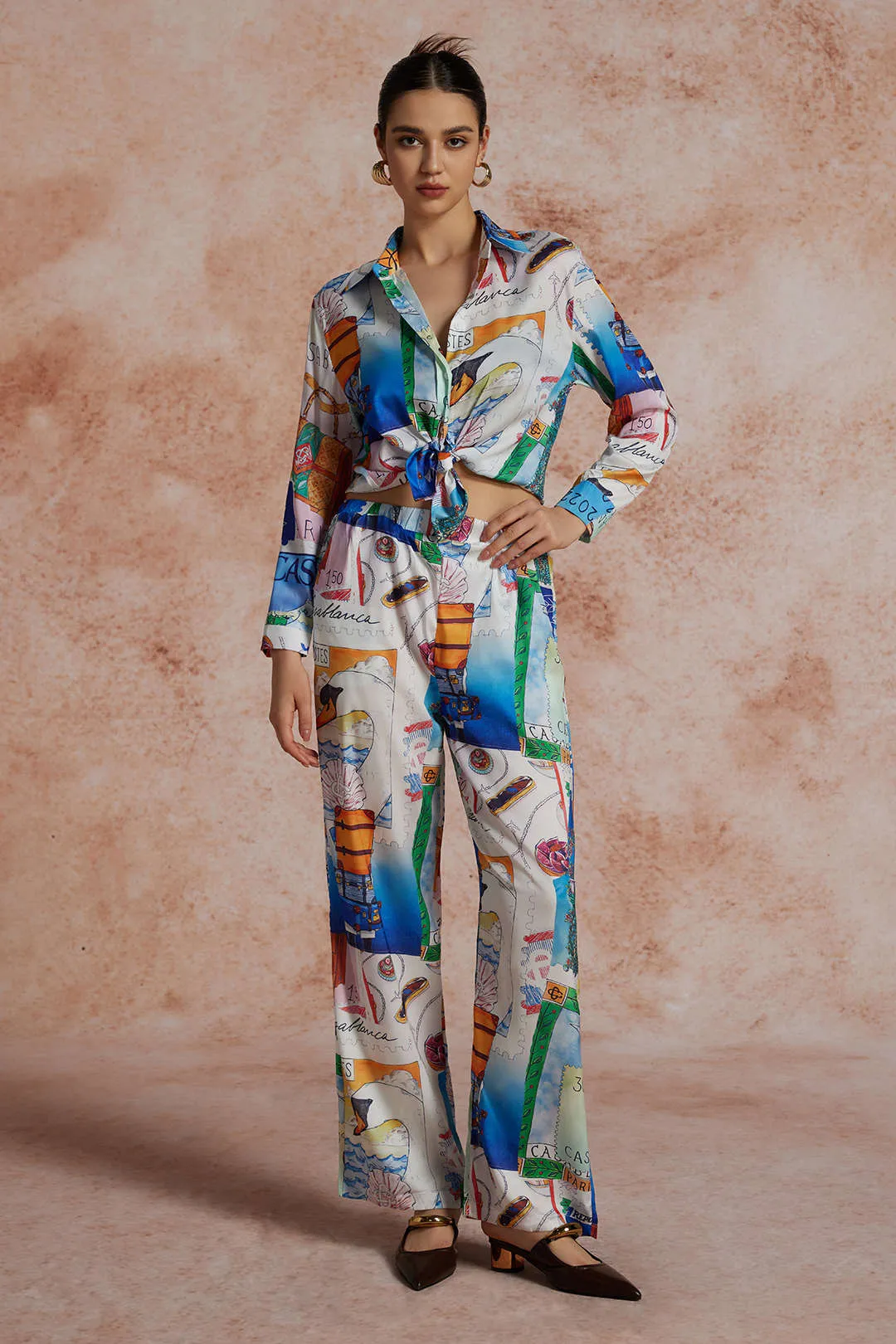 Artistic Print Wide Leg Trousers