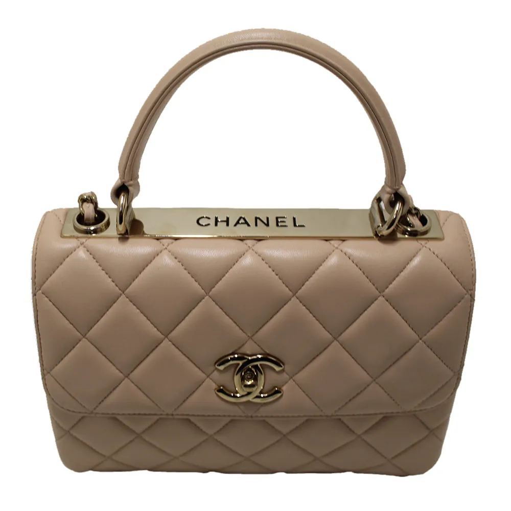 Authentic Chanel Beige Lambskin Leather Small Trendy CC Bag with Handle