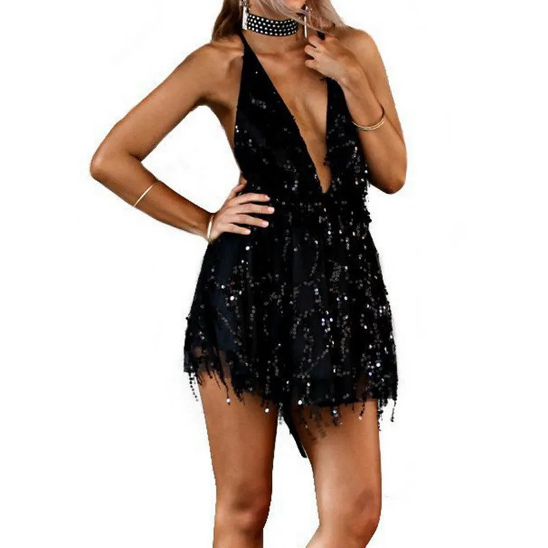 Backless Sequin V-neck Suspender Dress