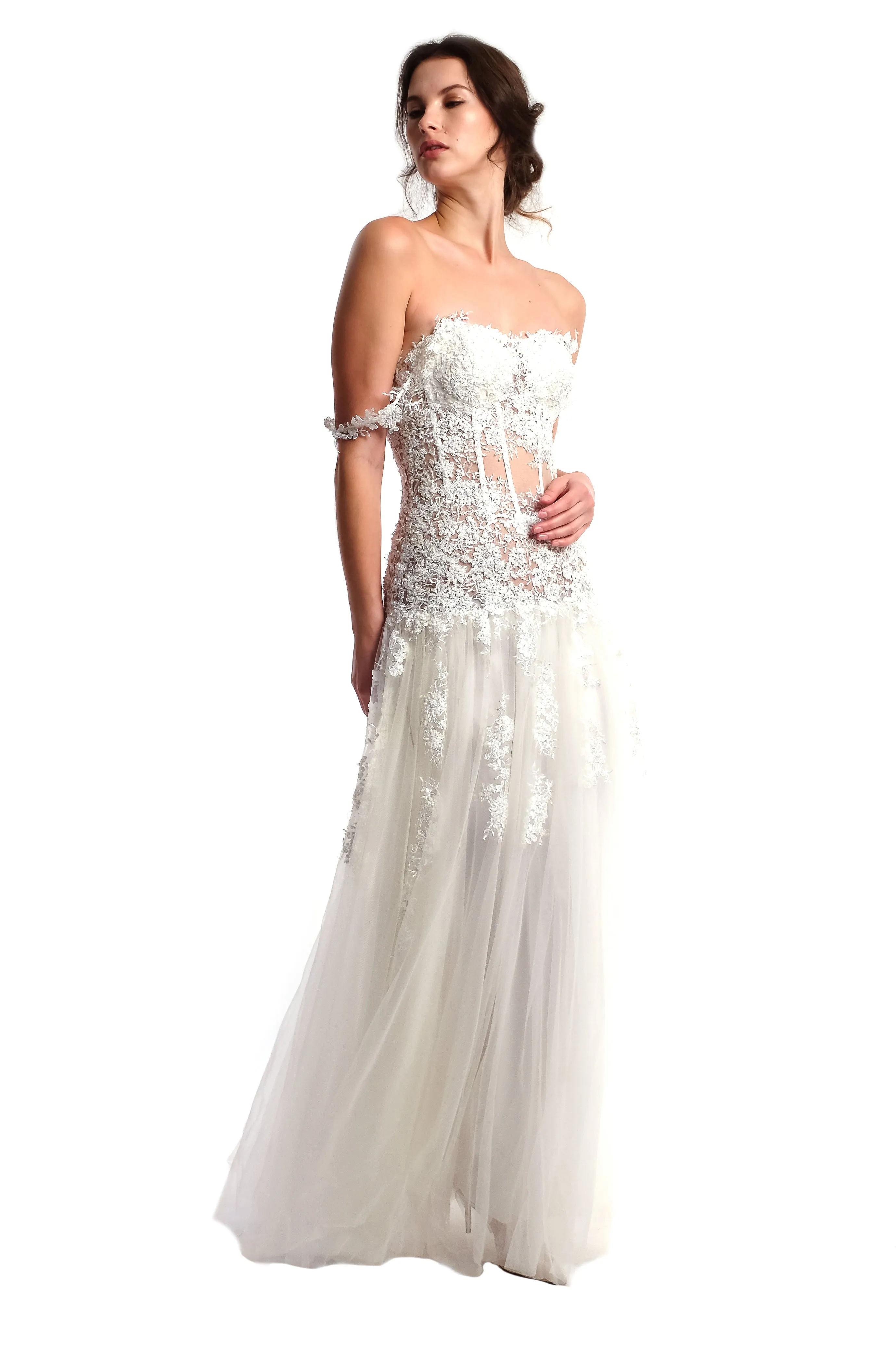 Balvine White Lace Embroidery Gown