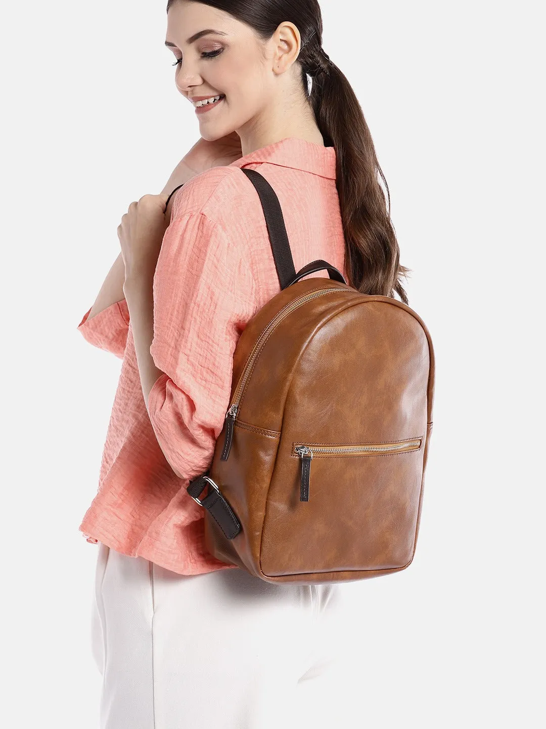 Berrylush Women Solid Brown PU Medium Size Backpack