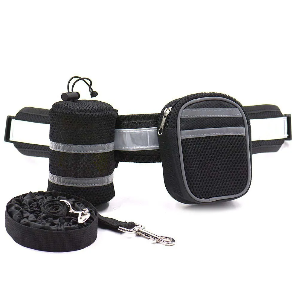 Black Reflective Pet Waist Bag with Hands-Free Leash for Night Safety - Adjustable Waist Pack with Detachable Pouches