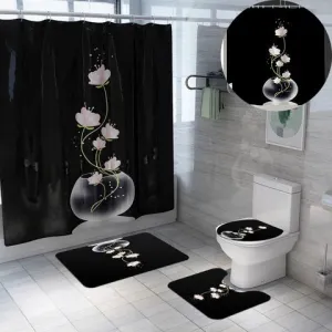 Black with Pink Flowers shower curtain set