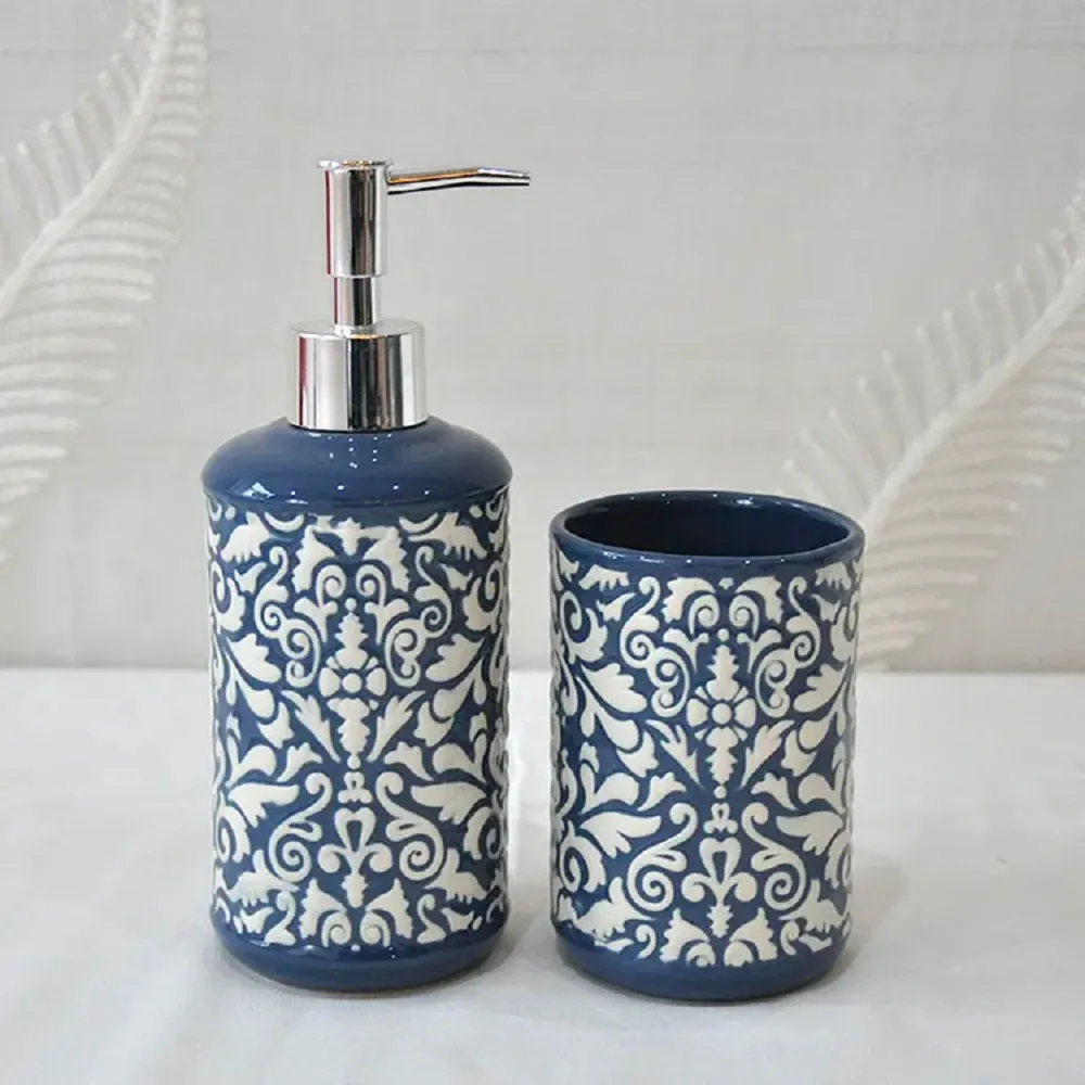 Blue And White Bathroom Accessory Set