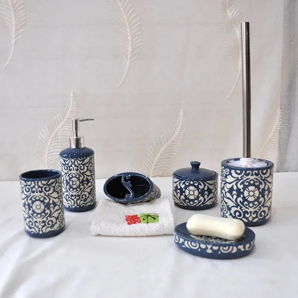 Blue And White Bathroom Accessory Set