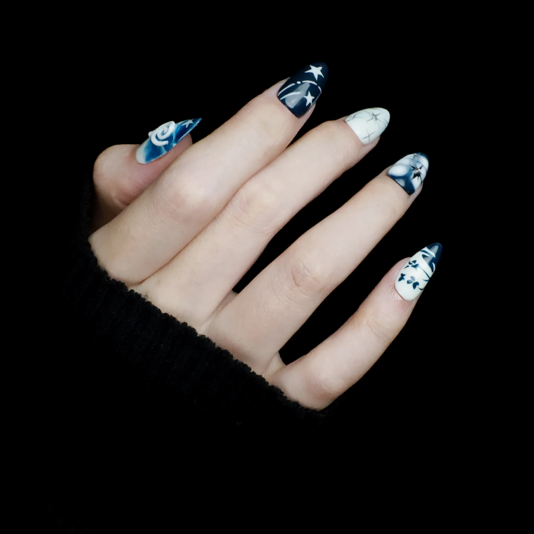 Blue and White Porcelain Inspired Custom Press On Nails with Flower and Swirl，3D Short Almond Fake Nails for Party, Birthday, Everyday Look