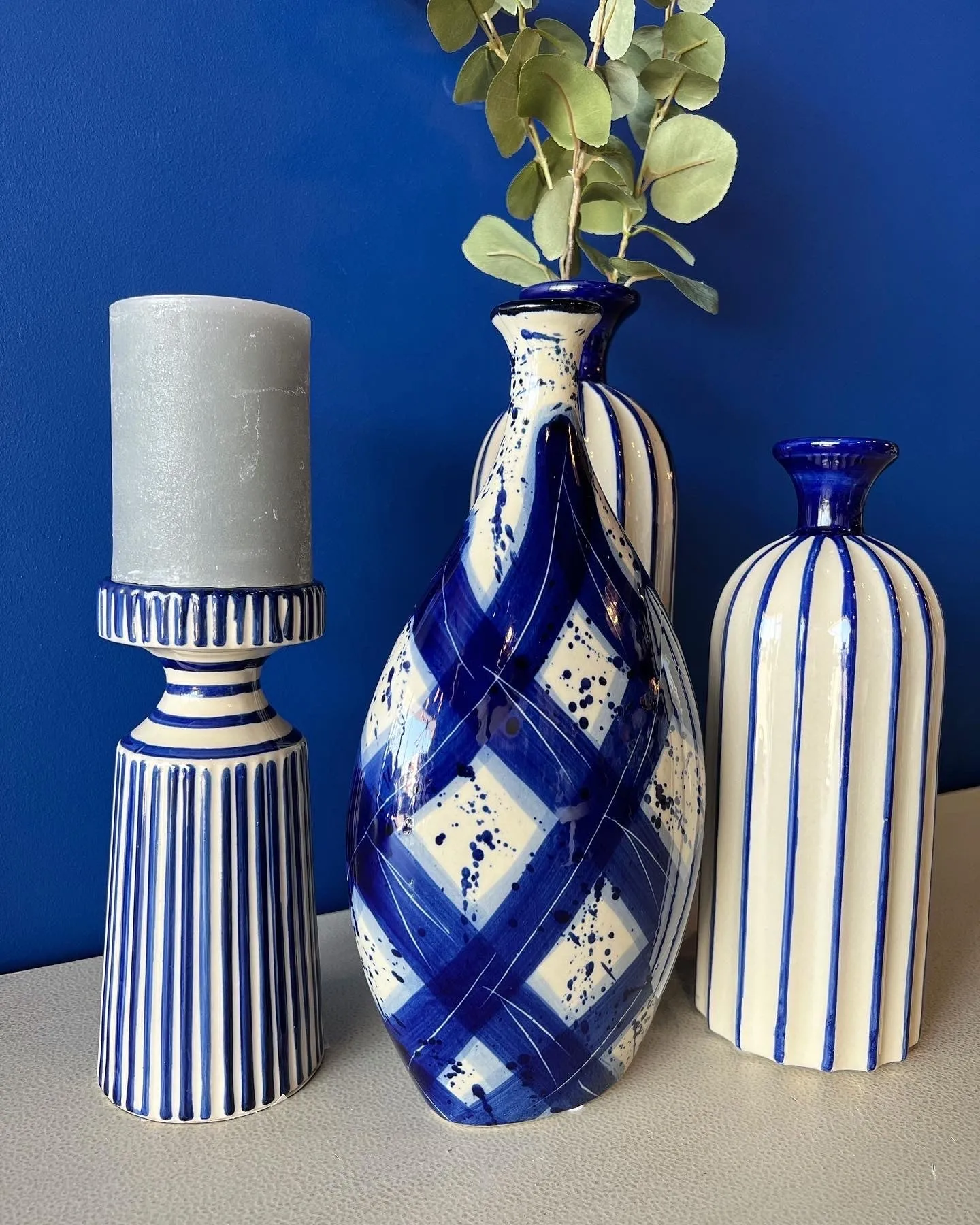 Blue and White Striped Candle Holder