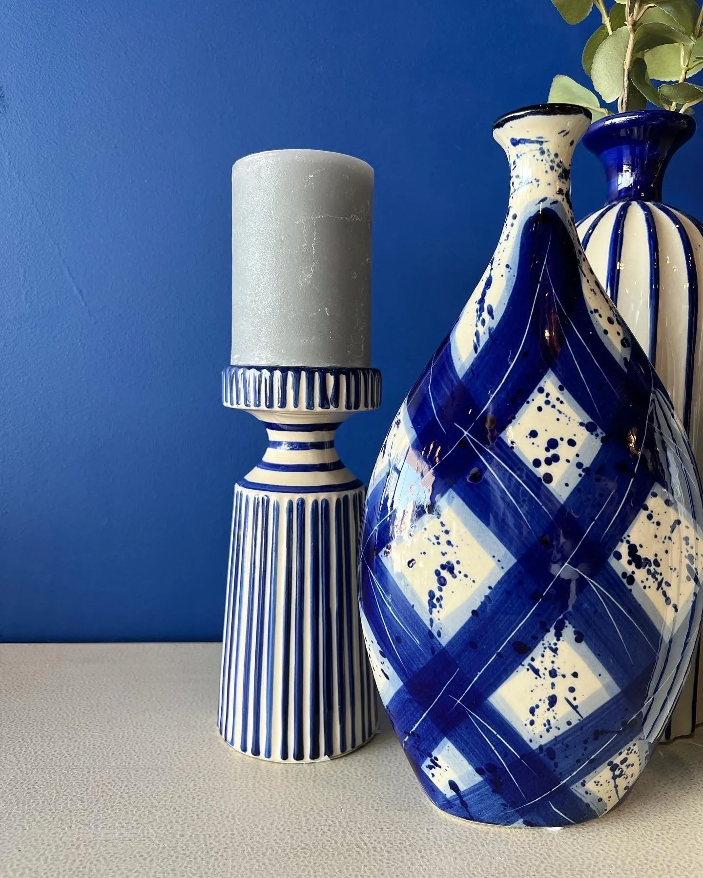 Blue and White Striped Candle Holder