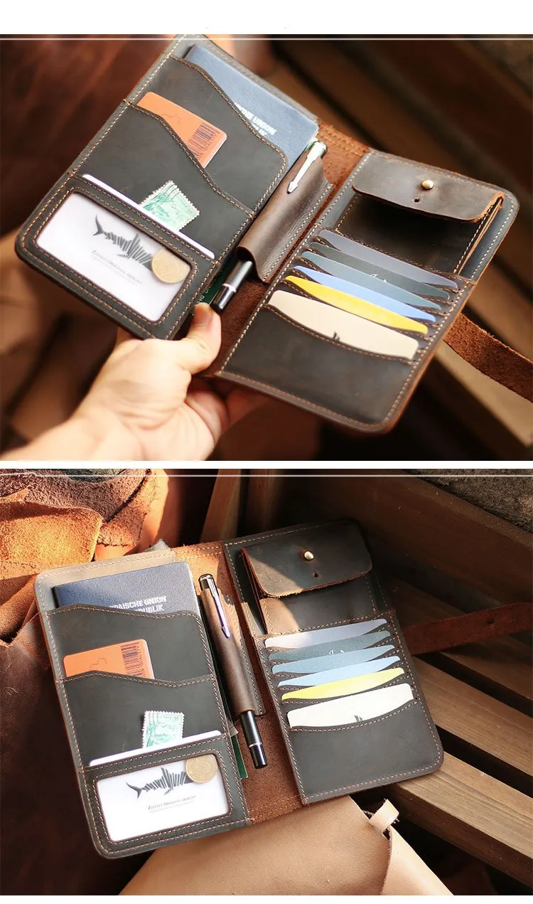 Blue Handmade Leather Mens Passport Wallet Travel Wallet Ticket Holder For Men