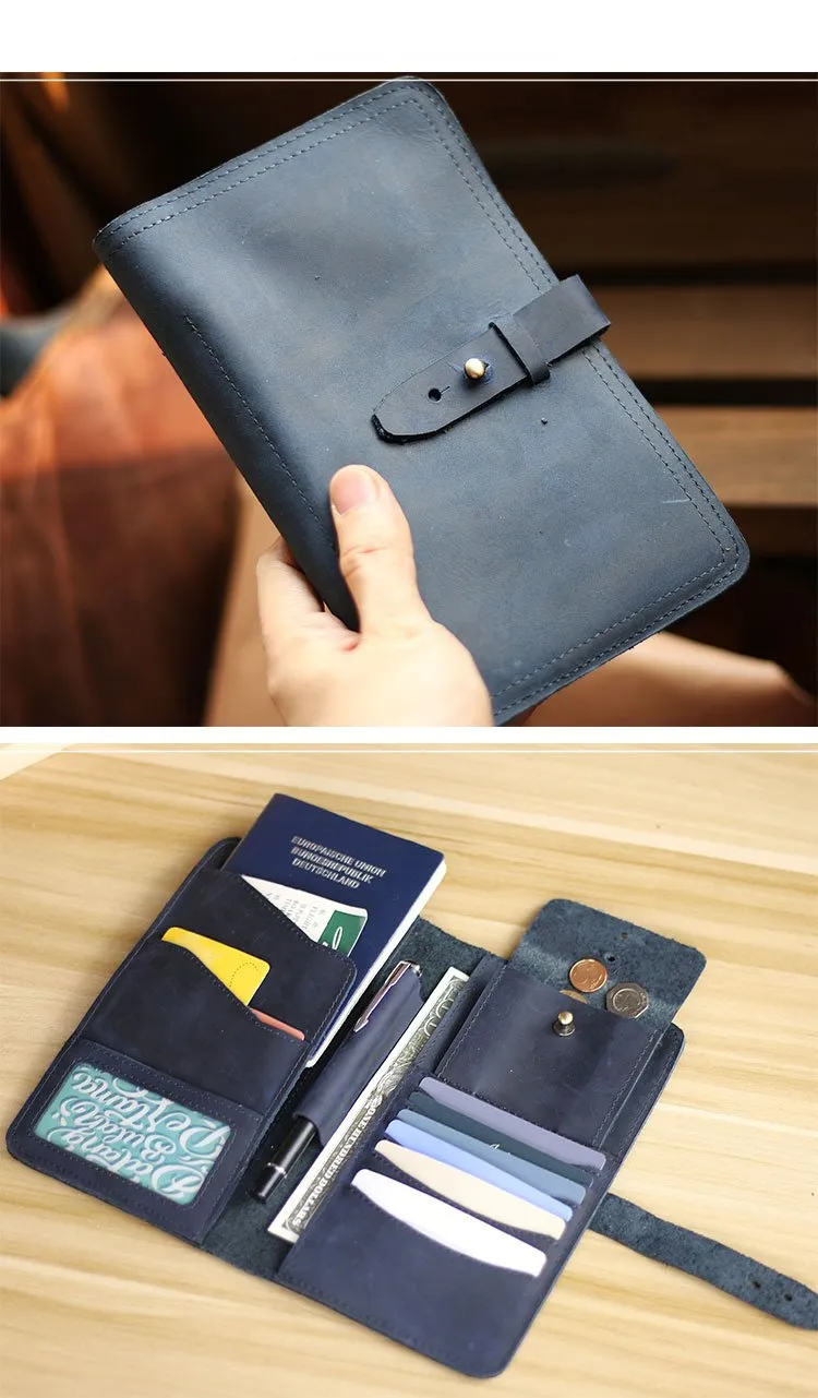 Blue Handmade Leather Mens Passport Wallet Travel Wallet Ticket Holder For Men