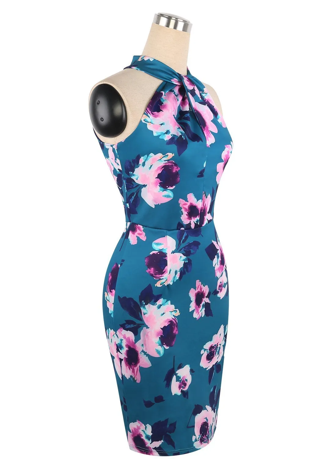 Blue Watercolor Floral Halter Dress