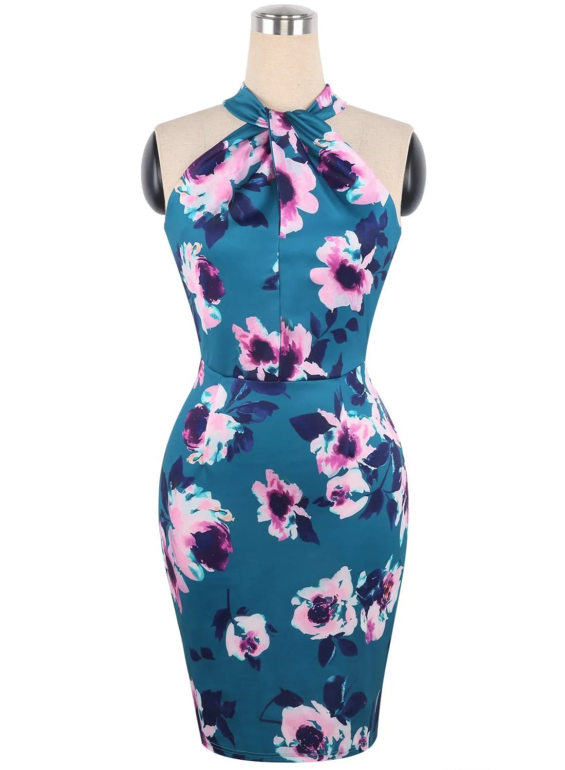 Blue Watercolor Floral Halter Dress